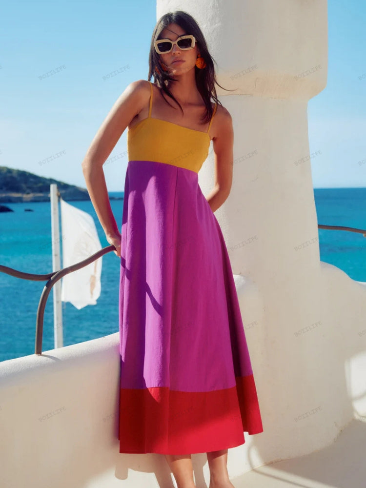 Selena | Chic Color Block Spaghetti Strap Dress for Summer Elegance